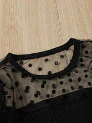 Girls Polka Dot Mesh Puff Sleeve Top & PU Leather Pant Set Spring Clothes
