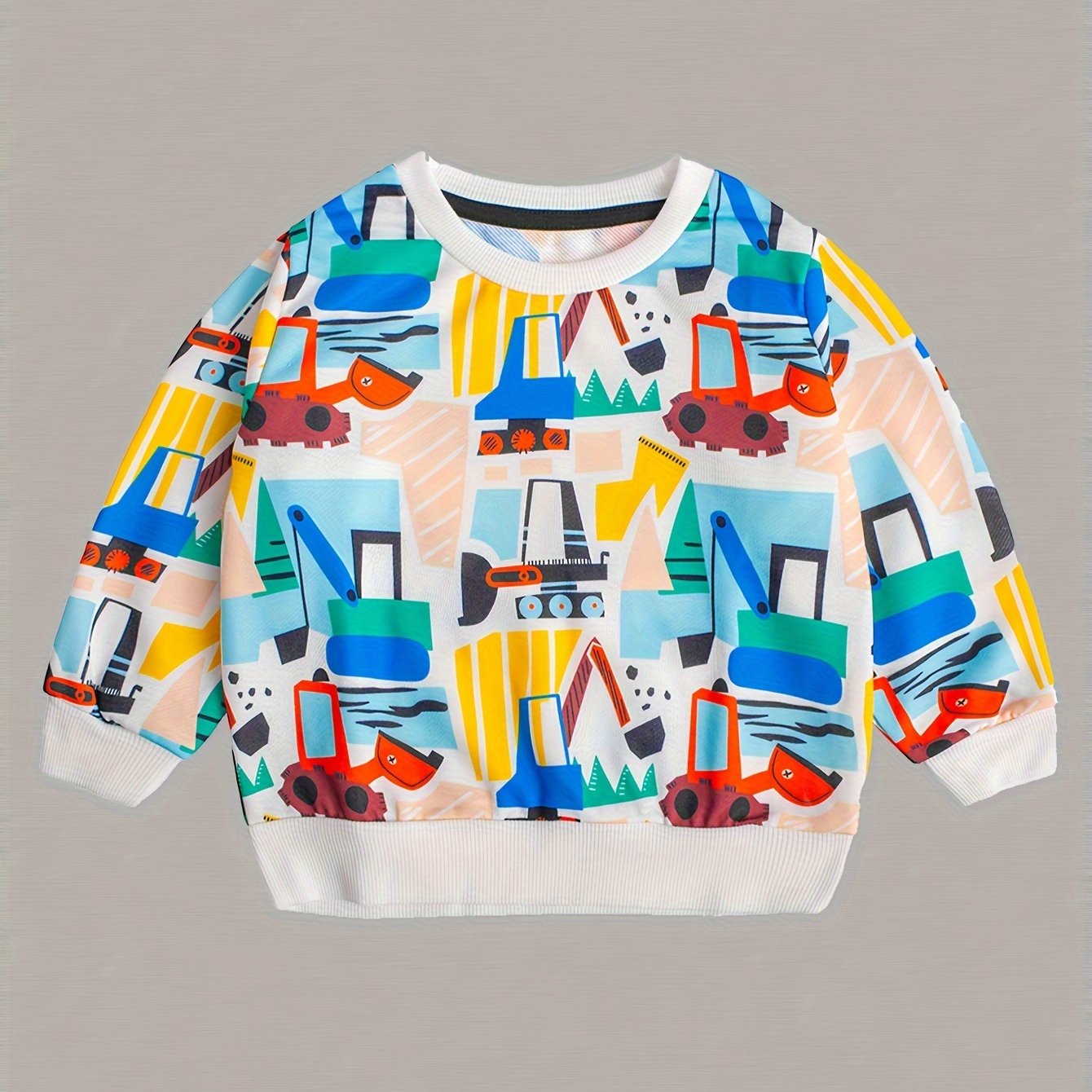 Excavator Pattern Boy's Long Sleeve T-shirt Block Loose Round Neck Casual Top