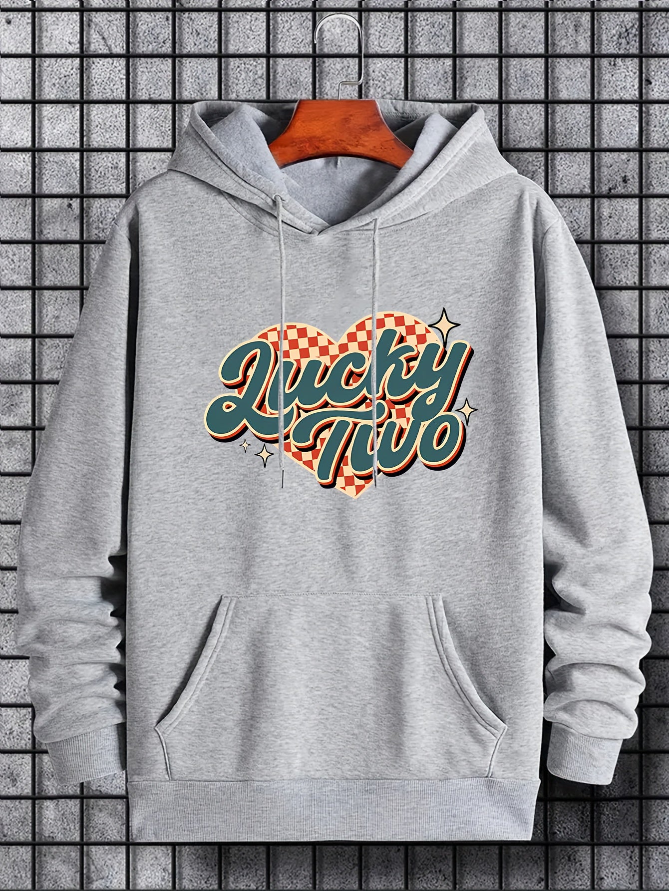Men's Lucky Two Print Hoodie Casual Slightly Stretch Drawstring Hooded Sweatshir