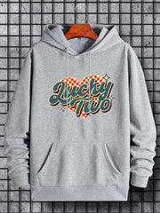 Men's Lucky Two Print Hoodie Casual Slightly Stretch Drawstring Hooded Sweatshir