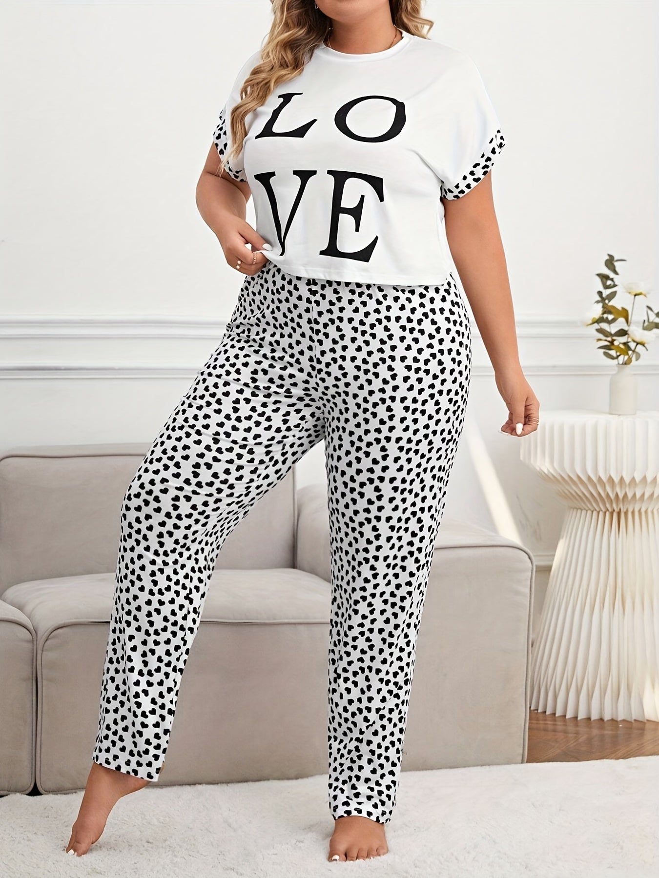 Loungewear Set: Graphic Tee & Heart Print Pants Pajama