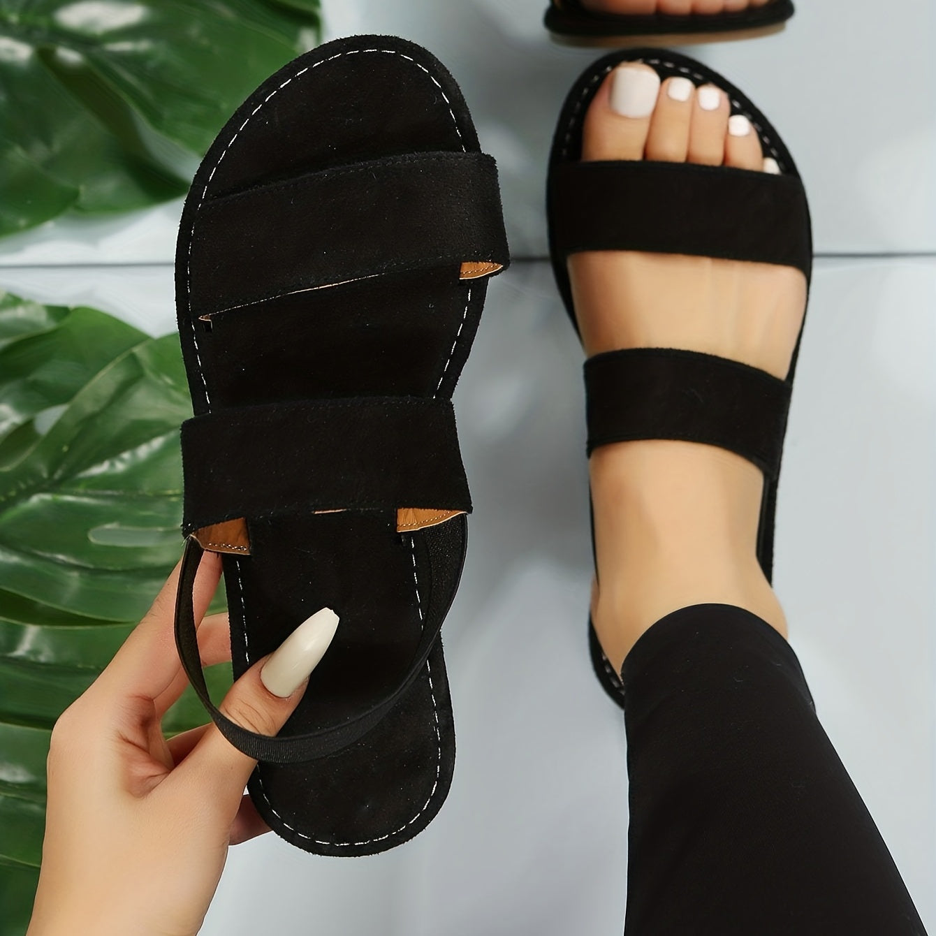 Women's Double Strap Flat Sandals Open Round Toe Slip On Shoes