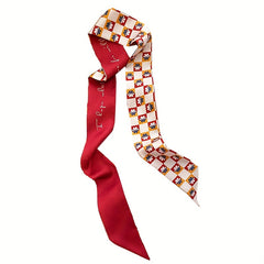 Red Floral Print Skinny Scarf Silk Block Ribbon Necktie Neckerchief