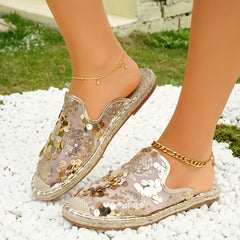 Sequins Mesh Panel Slip On Espadrilles Shoes Glitter Comfy Summer Shoes