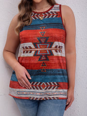 Geometric Print Boho Tank Top Round Neck Stretch Vest Top