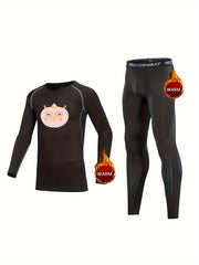 2pcs Kids Fleece Lined Warm Compression Set Cartoon Print Tops & Pants