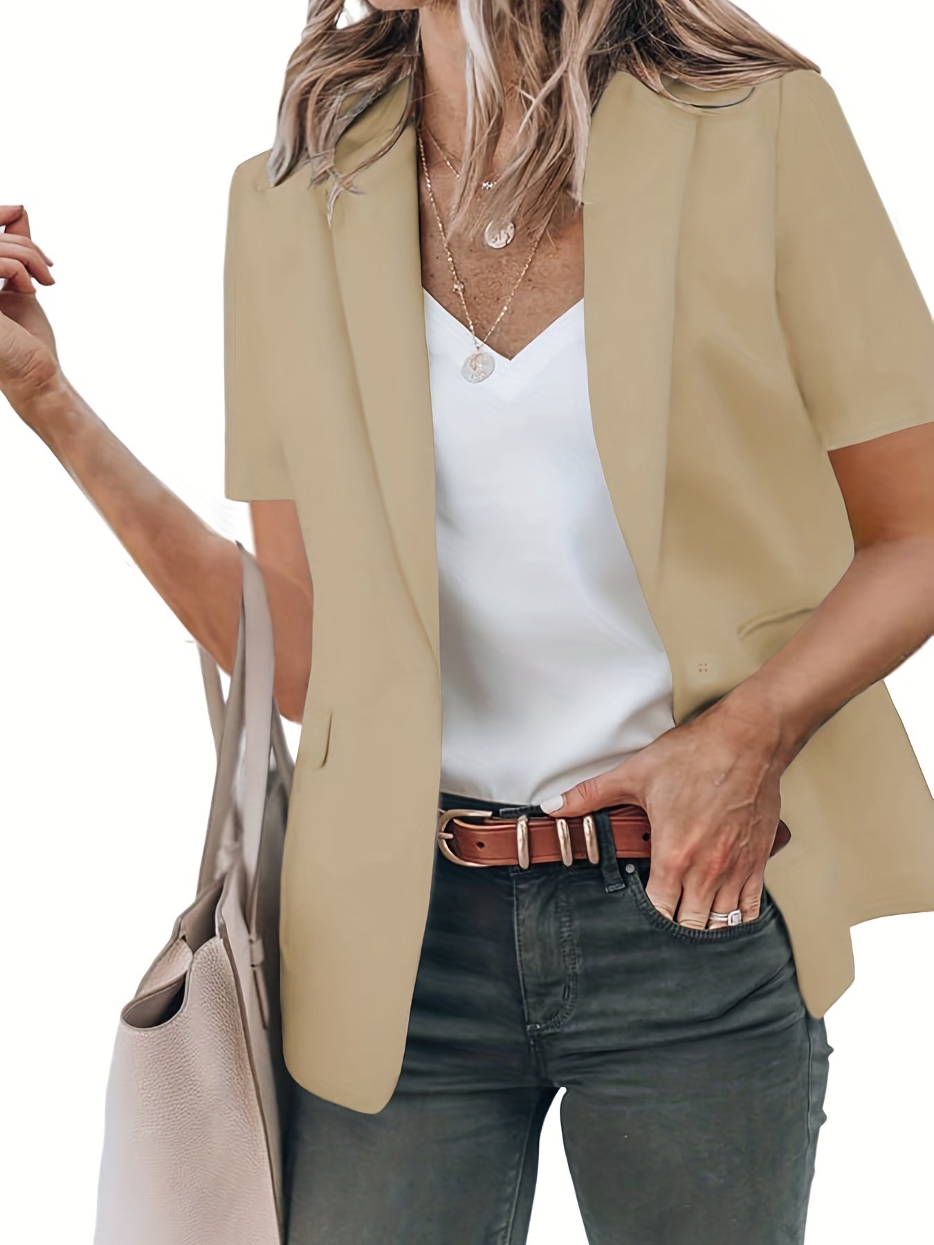 Solid Short Sleeve Open Front Workwear Jacket Blazer