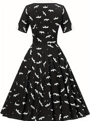 Retro Dress Women's Plus Bat Print Swing Dress