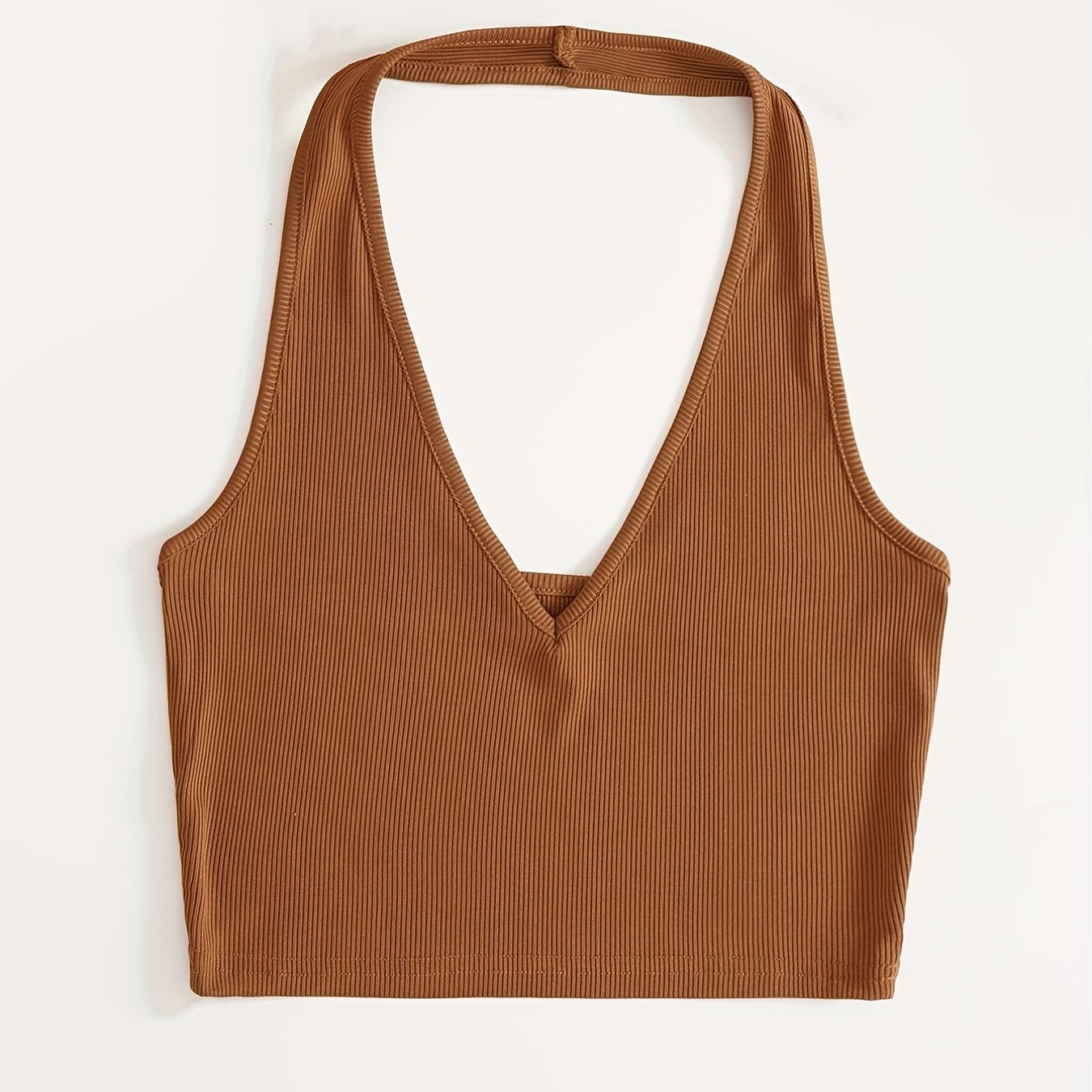 Ribbed Knit Halter Crop Top V Neck Slim Fit Tank Women's Top