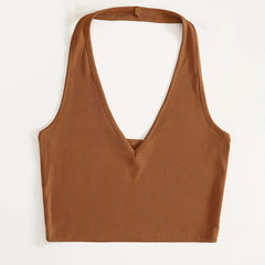 Ribbed Knit Halter Crop Top V Neck Slim Fit Tank Women's Top