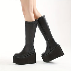 Women's Wedge Heel Platform Boots Round Toe Side Zip Faux Leather