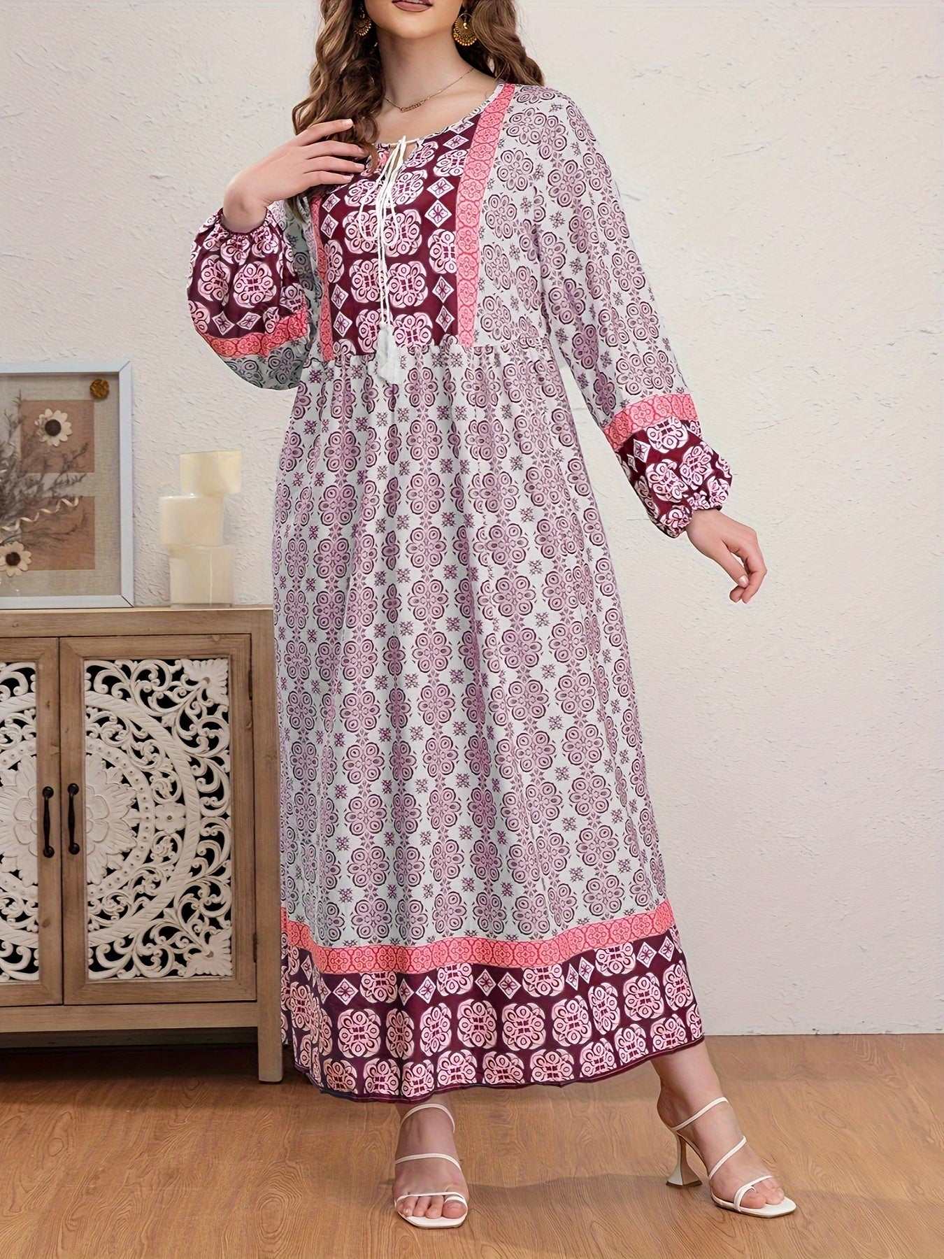 Boho Abaya Dress Women's Plus Allover Print Tassel Tie Neck