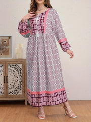 Boho Abaya Dress Women's Plus Allover Print Tassel Tie Neck