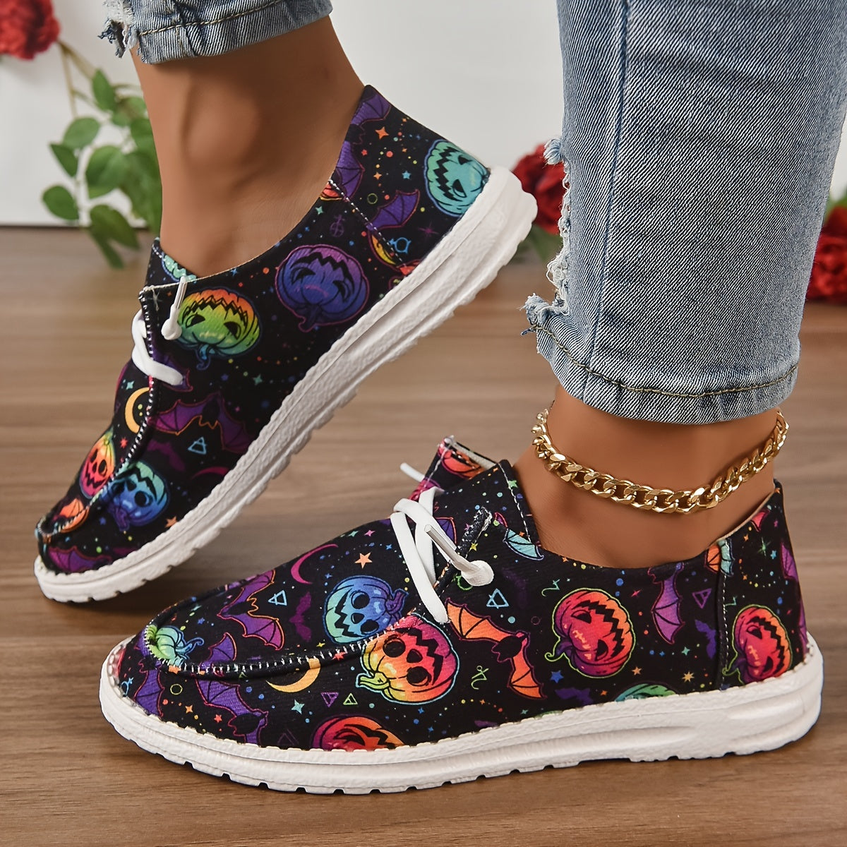 Colorful Pumpkin Print Slip-On Sneakers Lightweight Shoes