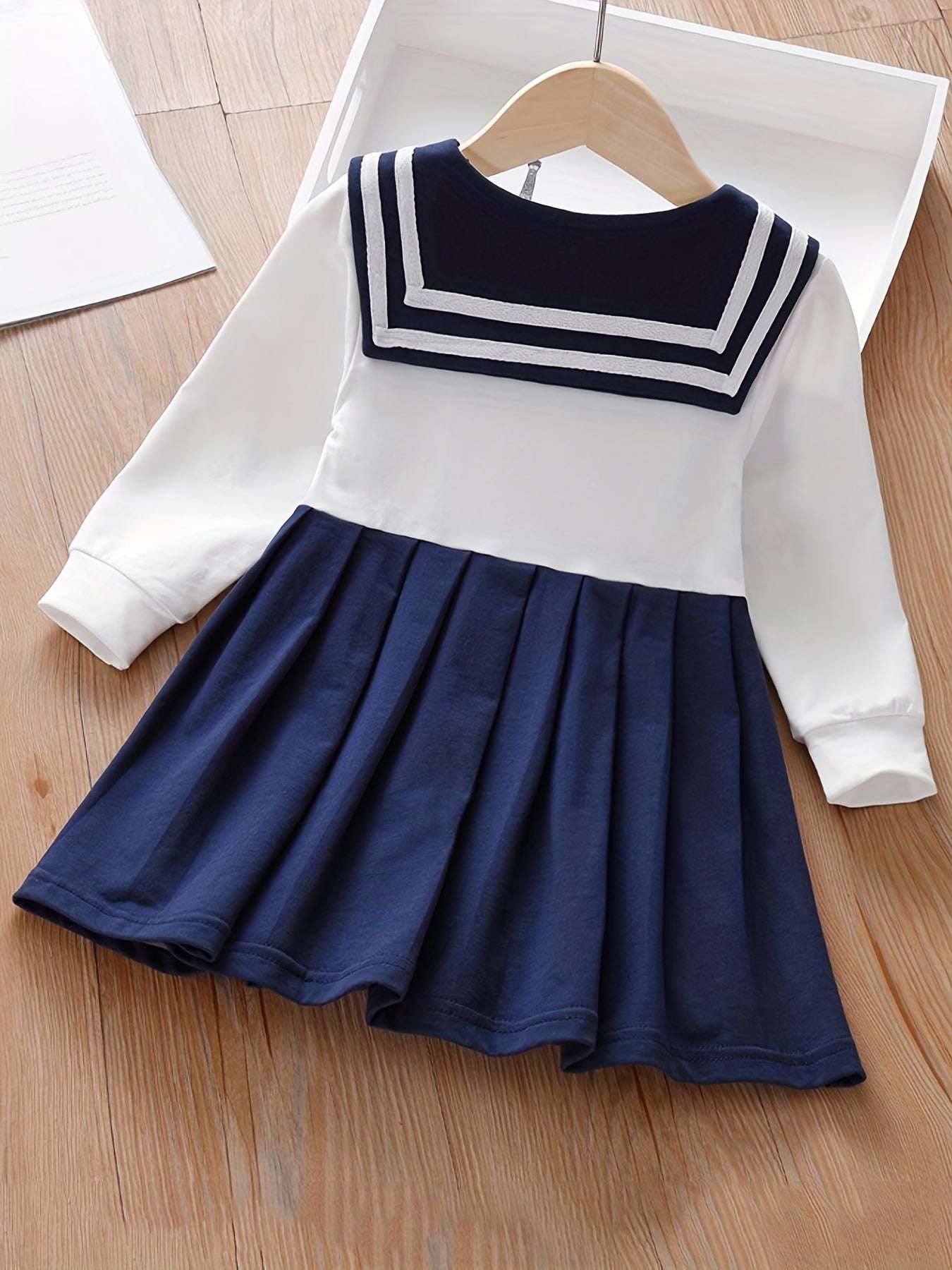 Girl's Embroidered Varsity Dress Navy Collar Long Sleeve Princess Dress