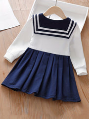 Girl's Embroidered Varsity Dress Navy Collar Long Sleeve Princess Dress