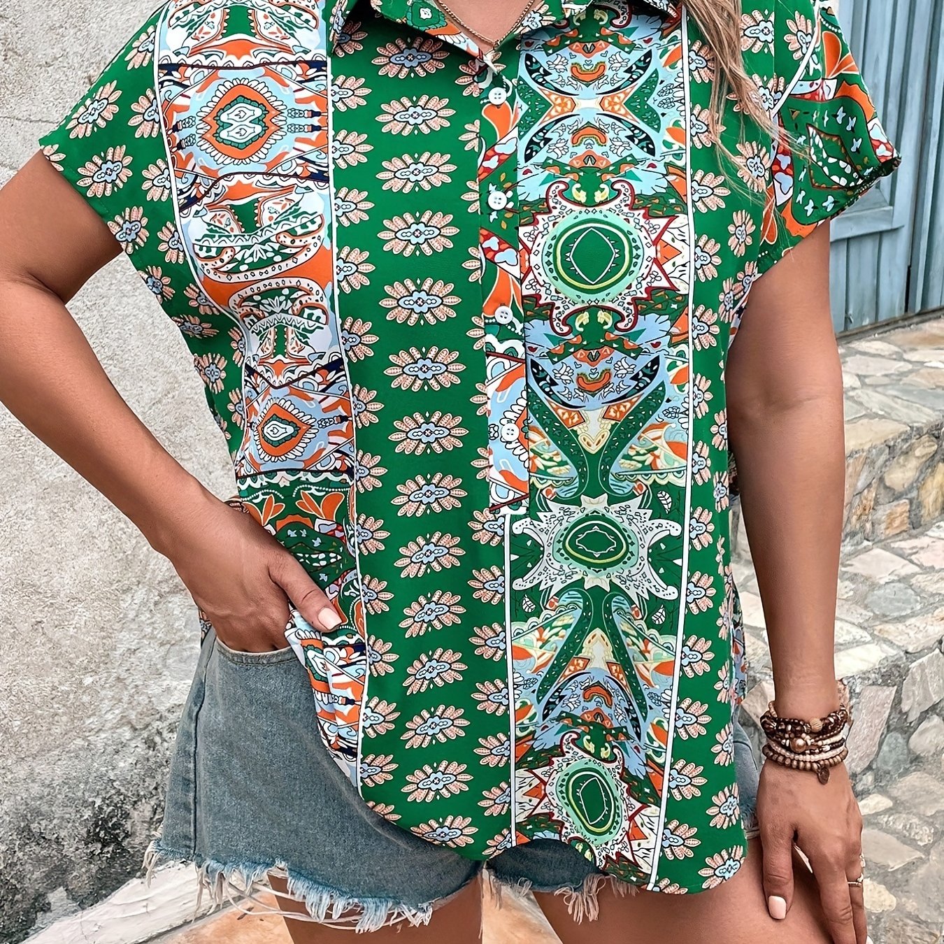 Boho Blouse Women's Plus Tribal Print Polo Neck Blouse