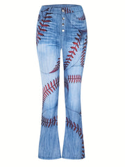 Leaf Print Flare Leg Jeans Casual Button Fly Denim Pants