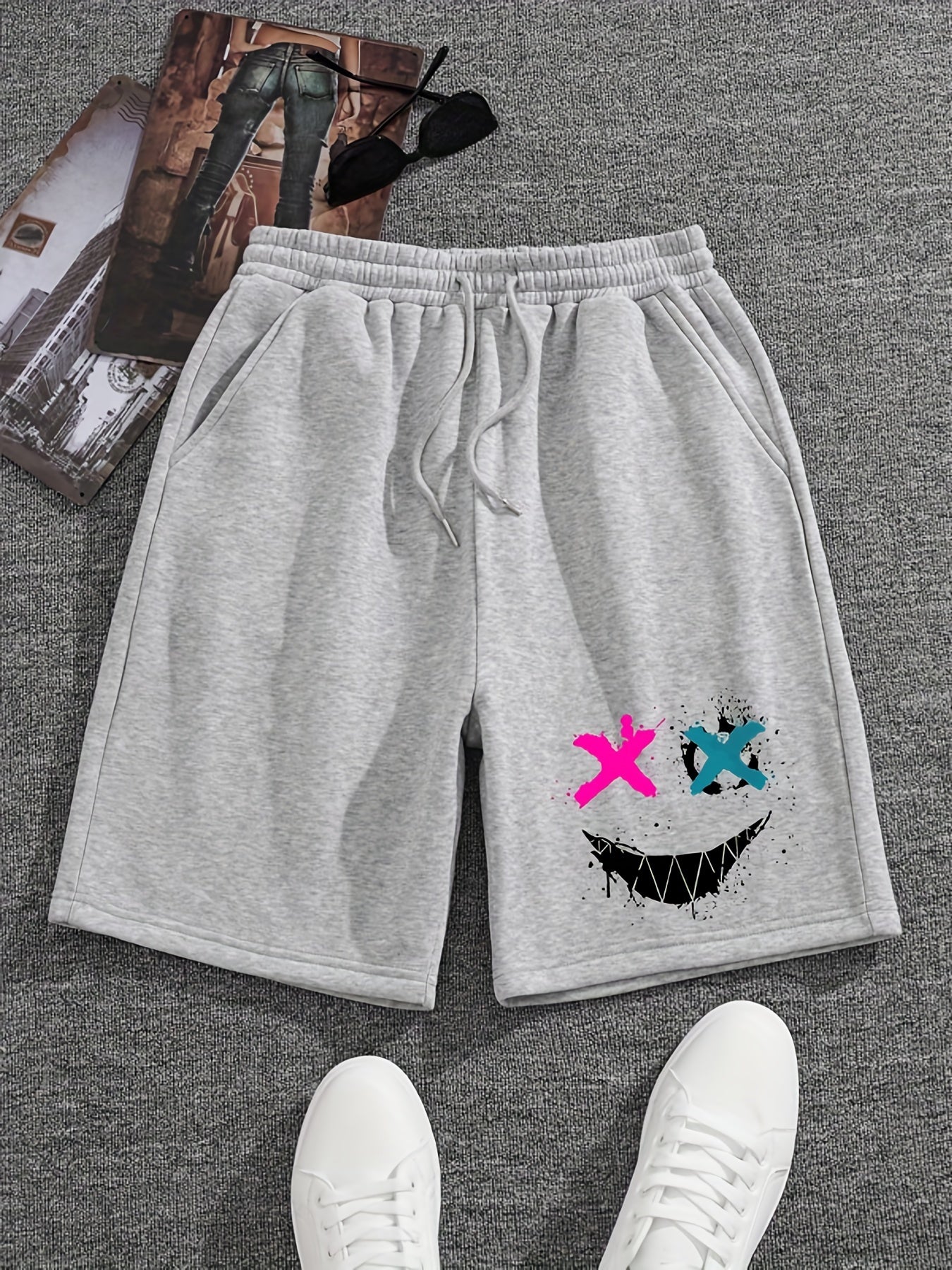 Grimace Print Men's Drawstring Shorts Casual Loose Summer Clothing