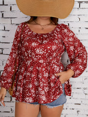 Ditsy Print Lantern Sleeve Square Neck Peplum Top