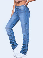 High Waist Solid Stacked Jeans Stretchy Pleat Zipper Button Closure Skinny Denim
