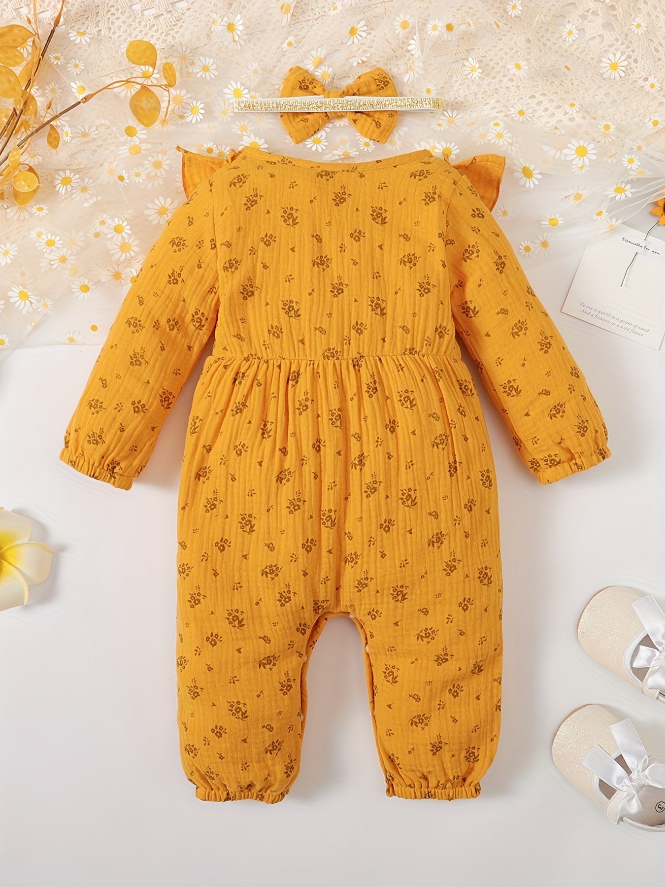 2pcs Baby Girl Long Ruffled Sleeve Bow Bodysuit With Bandana