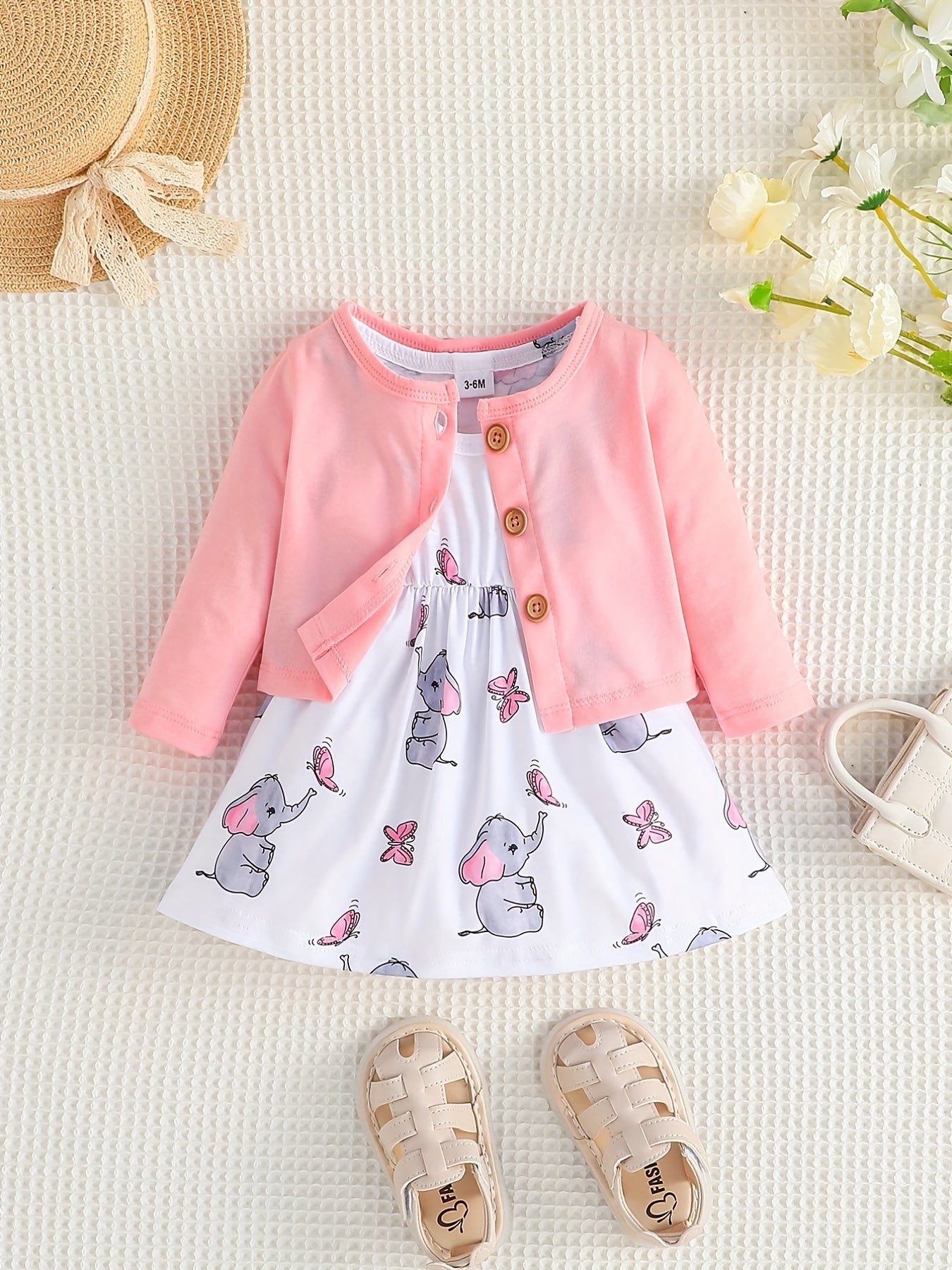 2pcs Baby Girls Cardigan & Elephant Dress Set