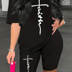 Cross Letter Print Tee & Shorts 2 Piece Set