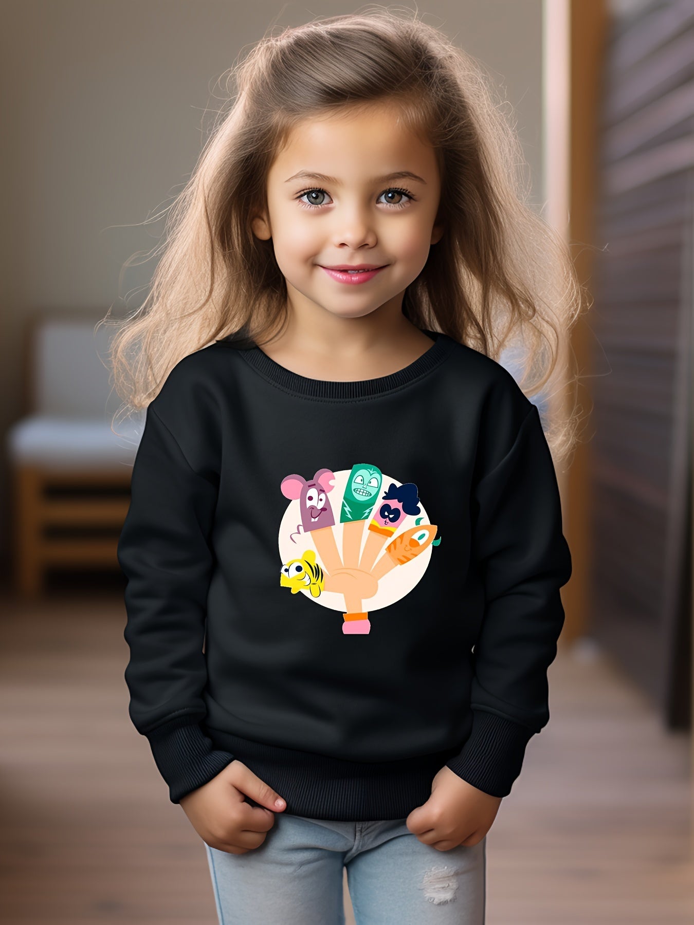 Cartoon Hand And Animals Print Girls Sweatshirt