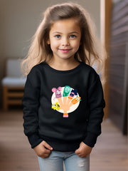 Cartoon Hand And Animals Print Girls Sweatshirt