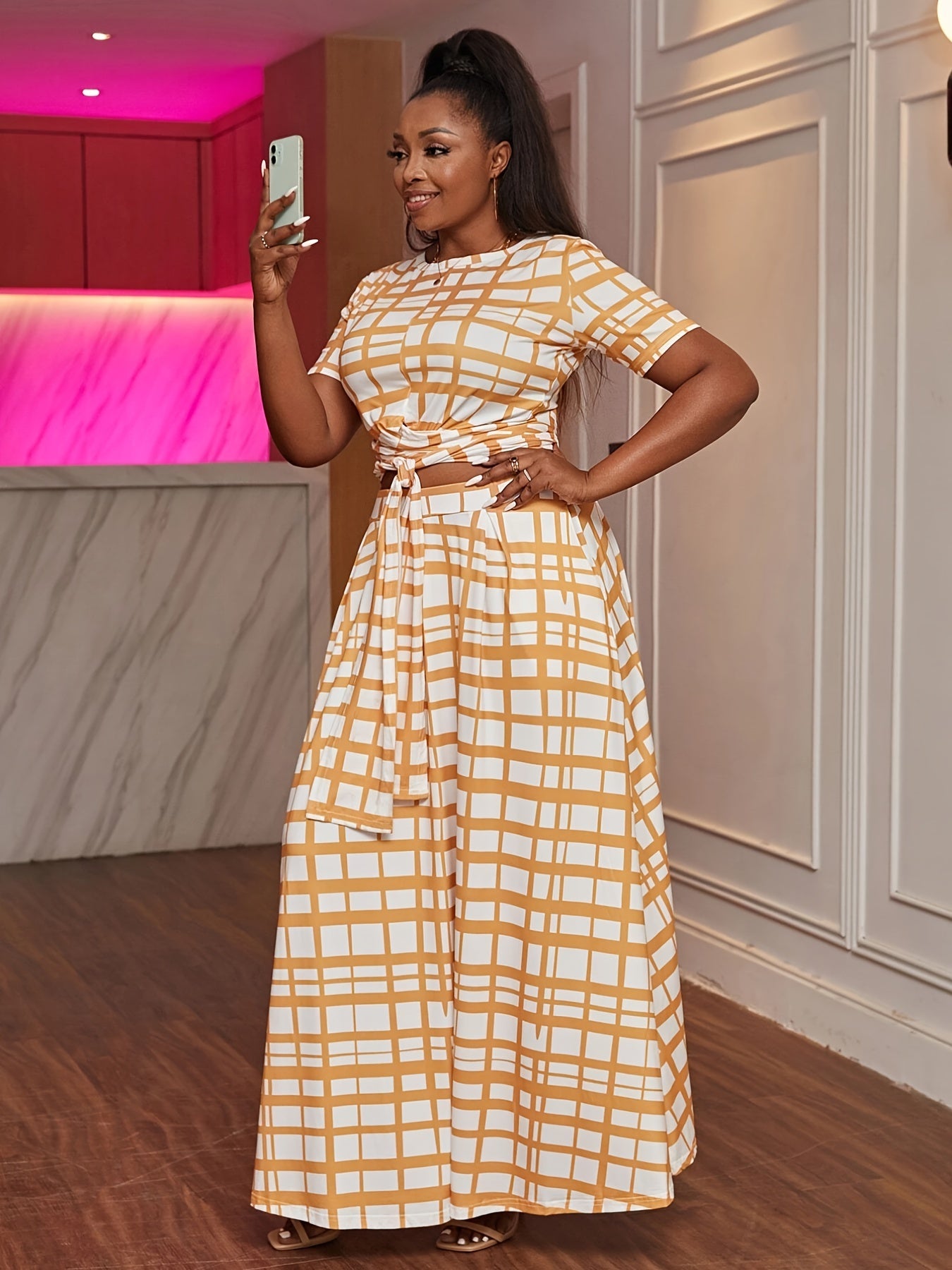 Plaid Print Knot Front 2pcs Set