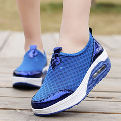 Argyle Pattern Mesh Wedge Sneakers Air Cushion Casual Walking Shoes
