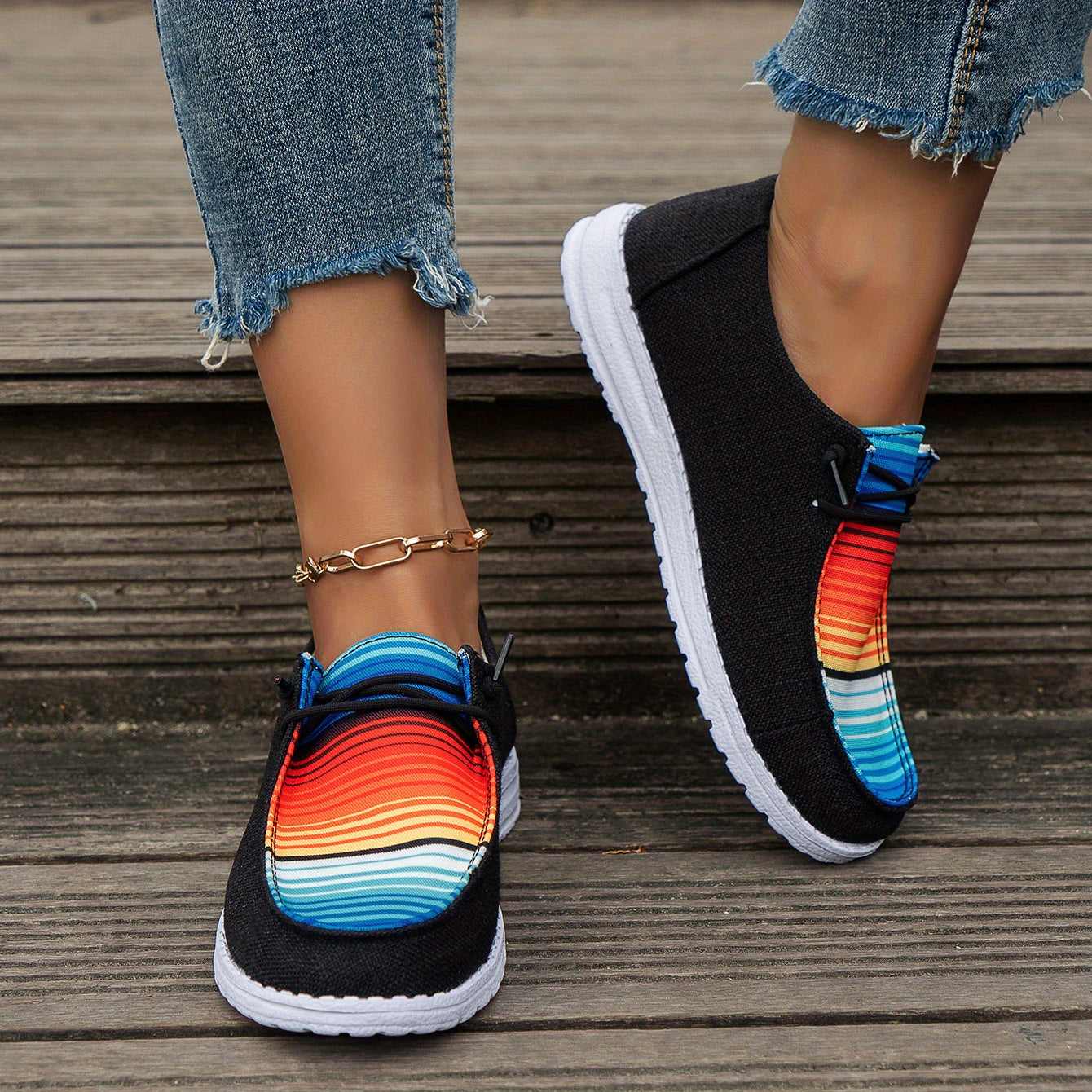 Women's Block Stripe Summer Shoes Thick Sole Casual Lightweight Shoes