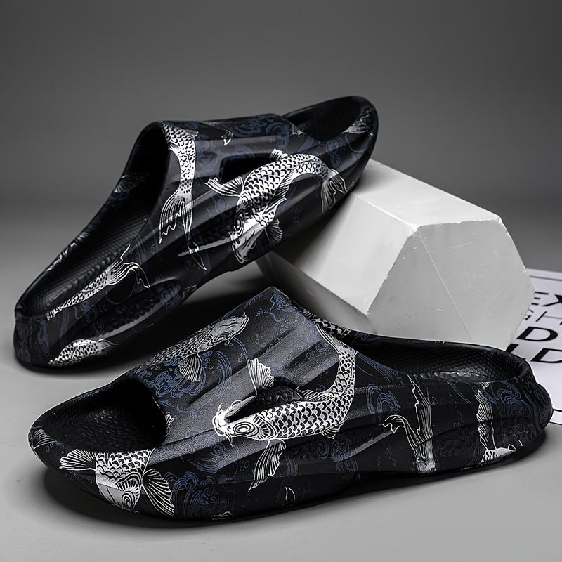 Men's Fish Print Cloud Slides Slippers Lightweight Non Slip Shoes