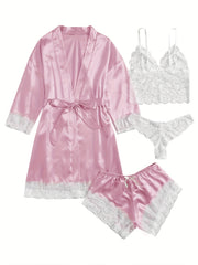 Lace Lounge Set Robe & Cami & Panties & Shorts