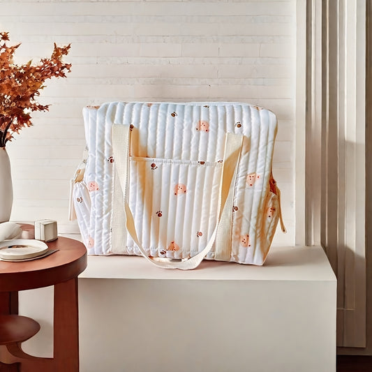 Beige Bear Paw Print Parent Bag Quilted Polyester Handbag & Shoulder Bag