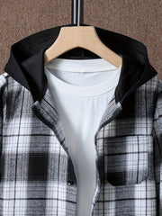 Boy's Plaid Hooded Shirt & Sweatpants Set Street Style Outfits