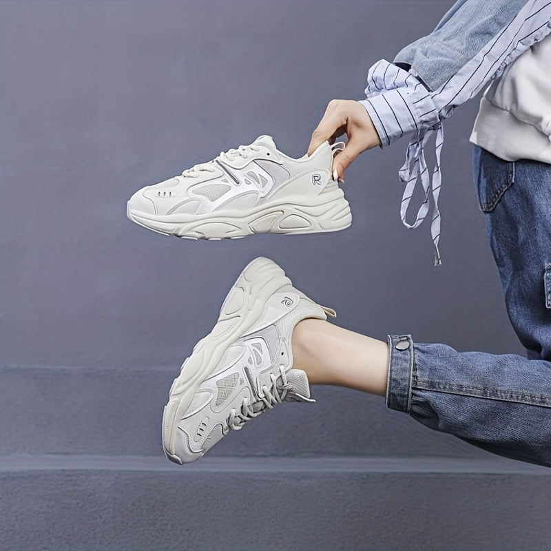 Women's Lace Up Mesh Chunky Sneakers Solid Thick Sole Running Shoes