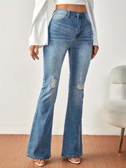 Ripped Flared Jeans Wide Legs Bell Bottom Slash Pockets Casual Denim Pants