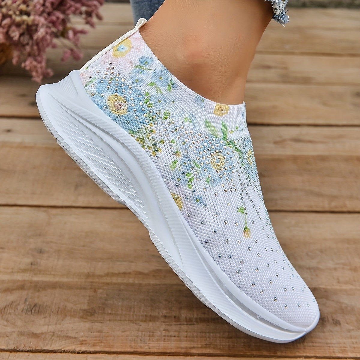 Floral Graphic Slip-On Walking Shoes with Rhinestone Decor
