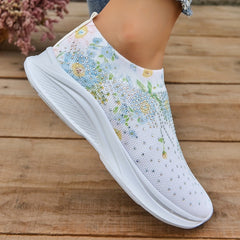 Women's Rhinestone Floral Print Slip-On Sneakers