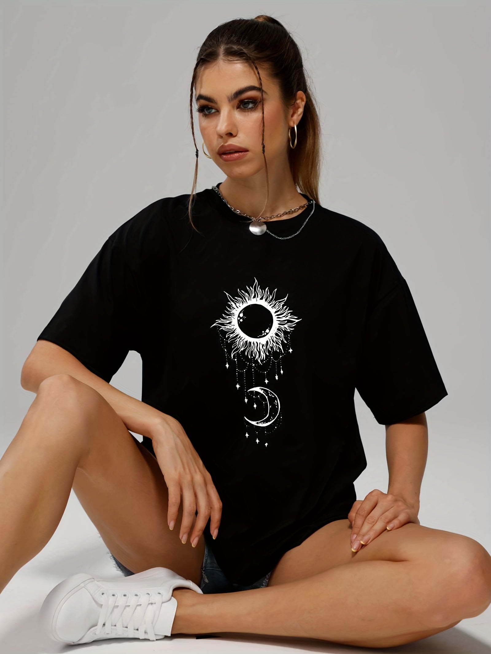 Sun & Moon Print Casual Short Sleeve Tee