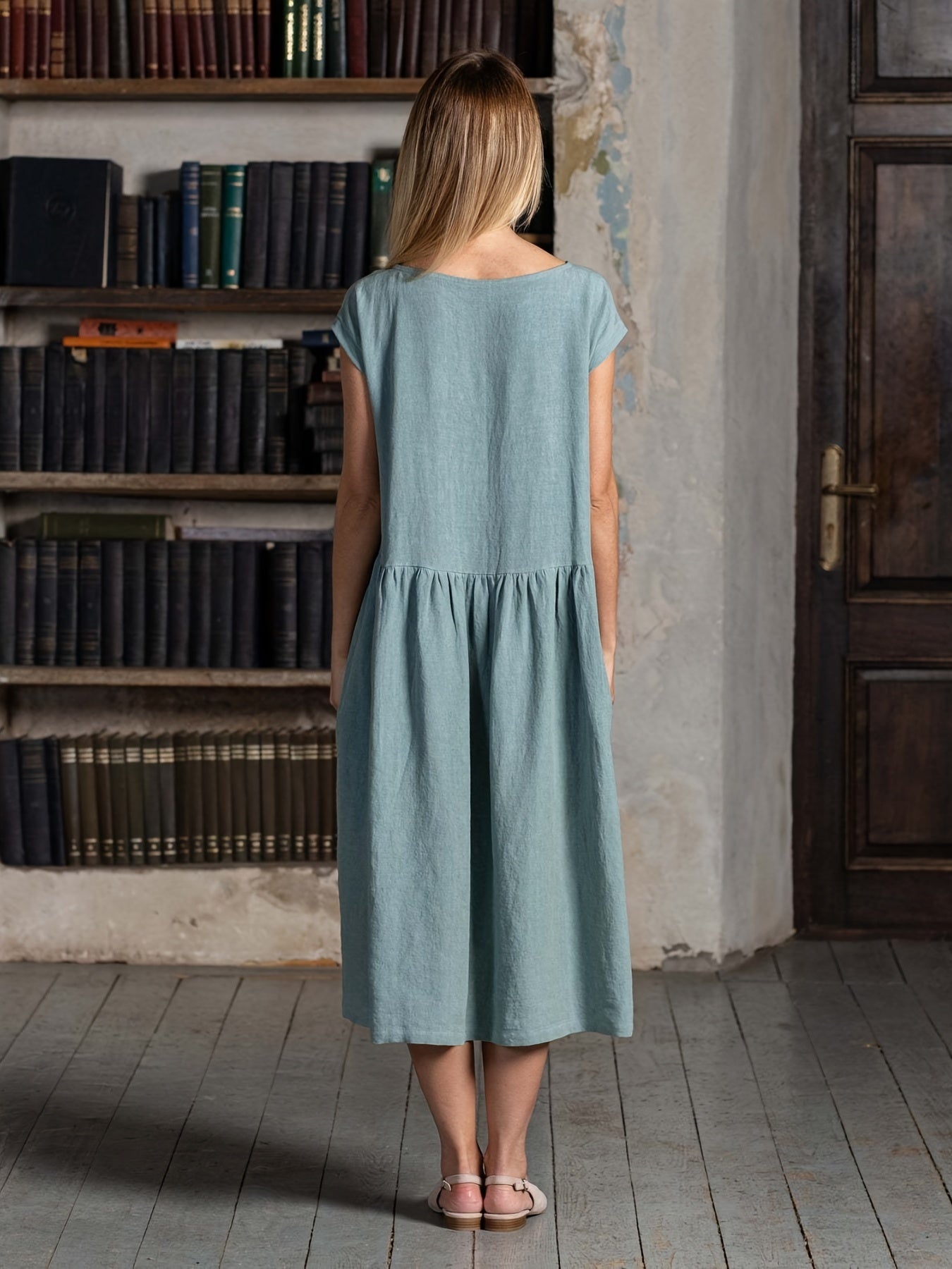 Draped Crew Neck Summer Dress Loose Fit
