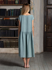 Draped Crew Neck Summer Dress Loose Fit