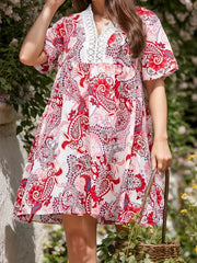 Boho Dress Women's Plus Paisley Floral Print V Neck Loose Fit Dress