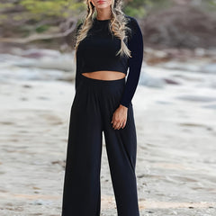 Solid Long Sleeve Crop Top & Wide Leg Pants Set