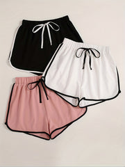 3 Packs Contrast Trim Bow Decor Shorts Elastic Waist Casual Shorts