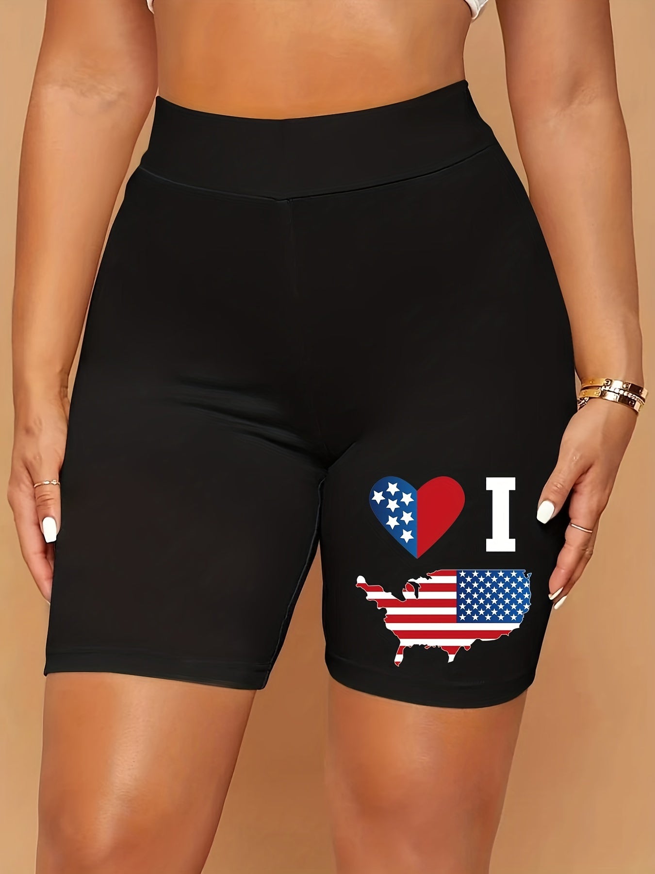 Independence Casual Shorts Women's Plus Flag Print Biker Shorts