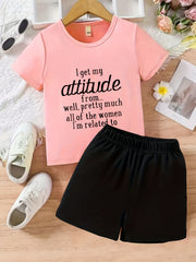 2pcs Girls Attitude Letter T Shirt & Shorts Set Kids Summer Clothes