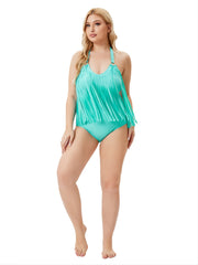 Fringe Trim One Piece Swimsuit Halter Neck Beachwear